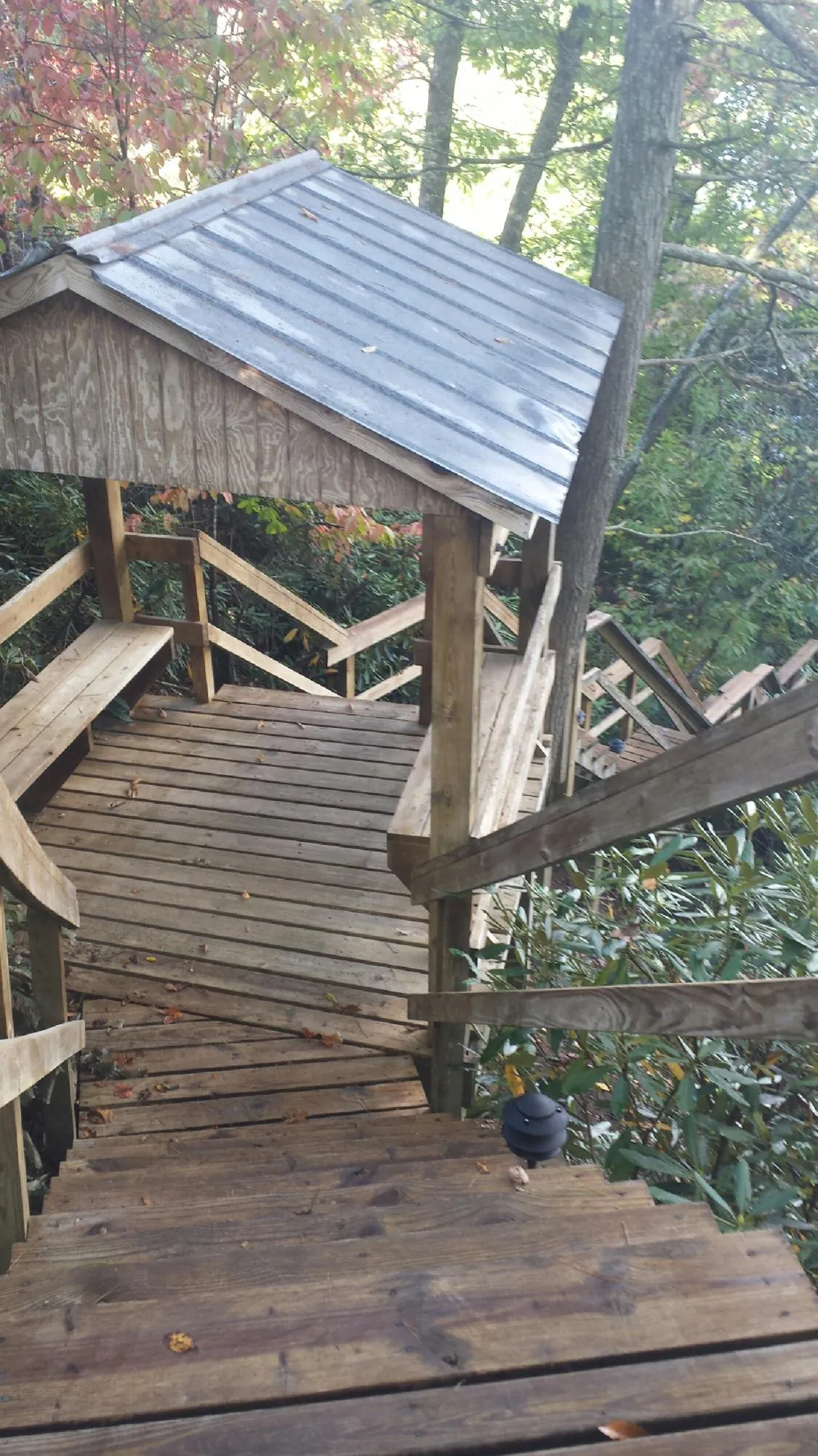 Metal roofed shelter over wooden steps on a wooded walkway — Skylight Repair & Installation work by our crew in Autaugaville